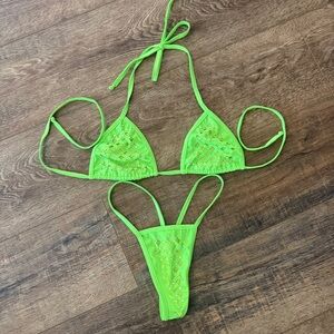 Neon Lime Green Mesh and Rhinestone Microkini Micro Bikini G-String Stripper